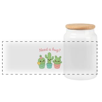 Cute Cacti "Need a Hug?" - Panoramic Cookie Jar with Wooden Lid - white - Front