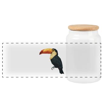 Low Poly Tukan – Geometrischer Tropenvogel - Panorama Keksdose mit Holzdeckel - Weiß - Vorne
