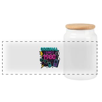 Original. Since 1980 – Neon Edition Birth Year - Panoramic Cookie Jar with Wooden Lid - white - Front