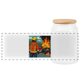 Brandbekämpfer Cartoon Einsatz - Panorama Keksdose mit Holzdeckel - Weiß - Vorne