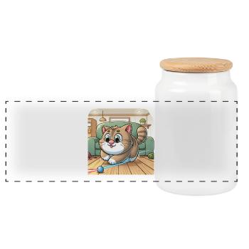 Verspielte Katze im Heim - Panorama Keksdose mit Holzdeckel - Weiß - Vorne