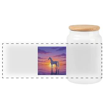 Unicorn figure in sunset - Panoramic Cookie Jar with Wooden Lid - white - Front
