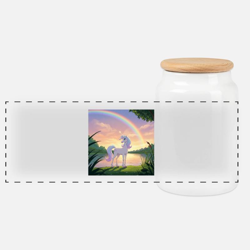 Einhorn unter dem Regenbogen - Panorama Keksdose mit Holzdeckel - Weiß