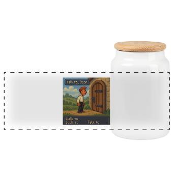 Talk to Door - Pixel Art Gaming - Panoramic Cookie Jar with Wooden Lid - white - Front