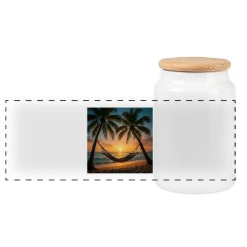 Vacation - Palmen - Hängematte - Panorama Keksdose mit Holzdeckel - Weiß - Vorne