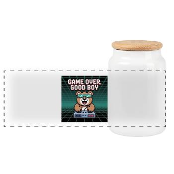 Retro Gaming Cute DJ Bear - Panoramic Cookie Jar with Wooden Lid - white - Front
