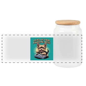 Cute gaming dog with Retro motif - Panoramic Cookie Jar with Wooden Lid - white - Front