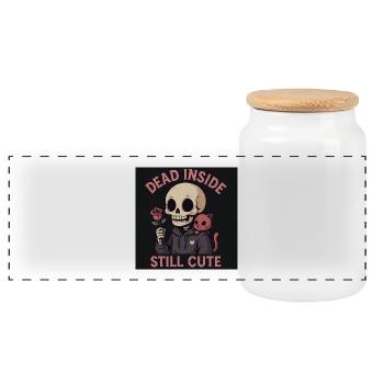 Skull with cat and rose motif - Panoramic Cookie Jar with Wooden Lid - white - Front