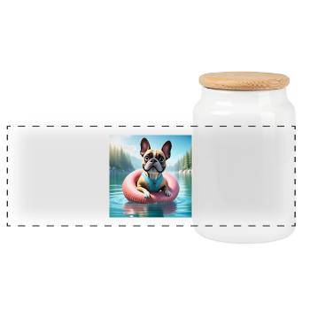 Verspielter French Bulldog auf Wasserring - Panorama Keksdose mit Holzdeckel - Weiß - Vorne