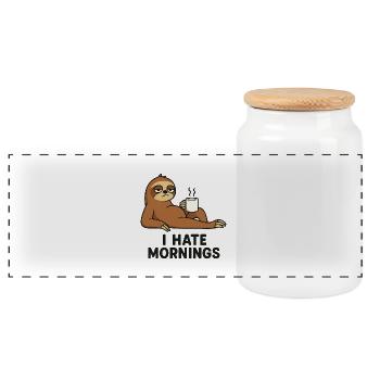 Sloth with coffee cup - Panoramic Cookie Jar with Wooden Lid - white - Front