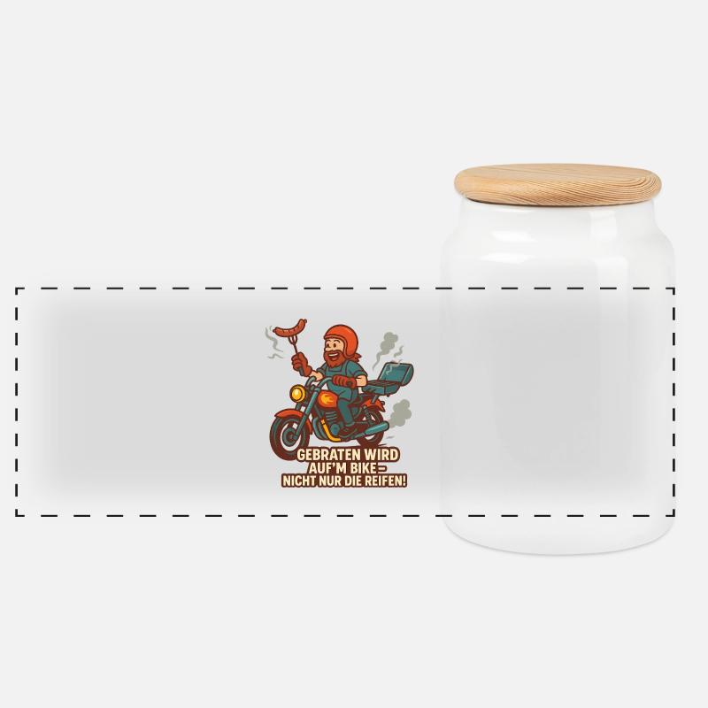 BBQ Biker – Gebraten wird auf’m Bike - Panorama Keksdose mit Holzdeckel - Weiß