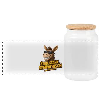 Stubborn, strong, likeable – The donkey with style - Panoramic Cookie Jar with Wooden Lid - white - Front