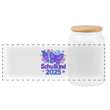 Schulanfang 2025 „Schmetterling“ - Panorama Keksdose mit Holzdeckel - Weiß - Vorne