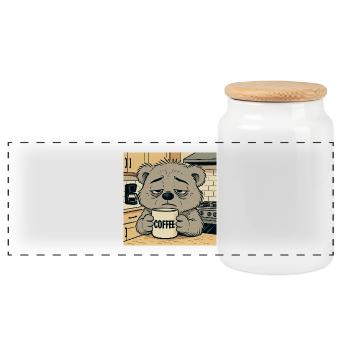 Müder Waschbär mit Kaffeemotiv - Panorama Keksdose mit Holzdeckel - Weiß - Vorne