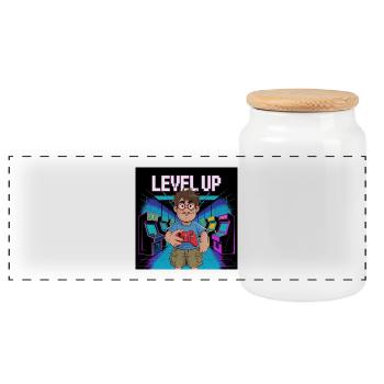 Retro Gamer Level Up Illustration - Panorama Keksdose mit Holzdeckel - Weiß - Vorne
