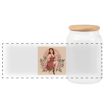 Retro Damen Figur mit Blüten und 50s Stil - Panorama Keksdose mit Holzdeckel - Weiß - Vorne