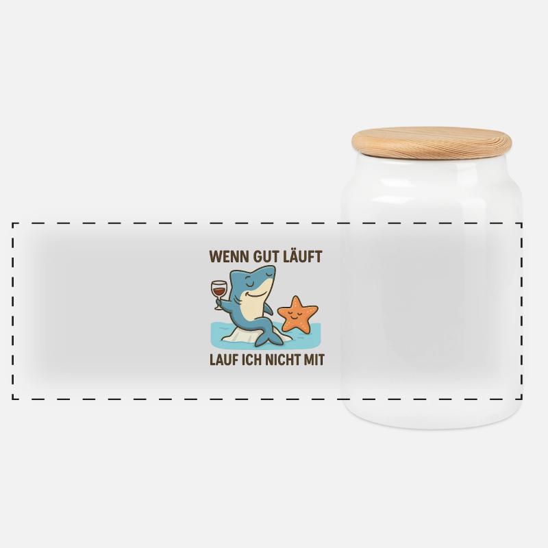 Funny shark with wine and fun - Panoramic Cookie Jar with Wooden Lid - white