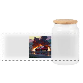 Red Sports Car Amid Urban Firestorm - Panoramic Cookie Jar with Wooden Lid - white - Front
