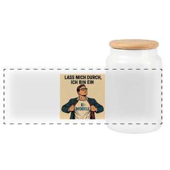 Humorvoller KI-Modell Heldenkleidung - Panorama Keksdose mit Holzdeckel - Weiß - Vorne