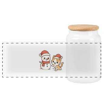 Niedlicher Weihnachts-Katzen-Schneemann - Panorama Keksdose mit Holzdeckel - Weiß - Vorne