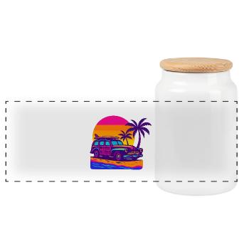 Escapade rétro néon sur la plage avec planche de surf Surf Woody - Boîte à biscuits avec couvercle en bois - blanc - Devant