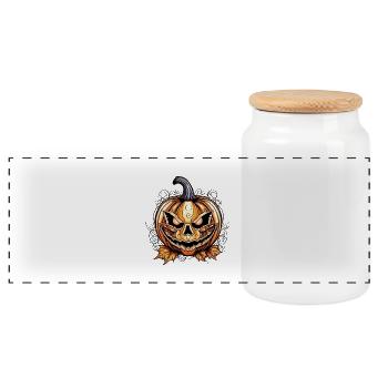 Spooky Halloween pumpkin with skull design - Panoramic Cookie Jar with Wooden Lid - white - Front