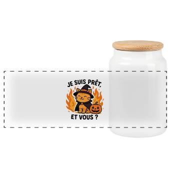 Halloween Wizard Cat Ready - Panoramic Cookie Jar with Wooden Lid - white - Front