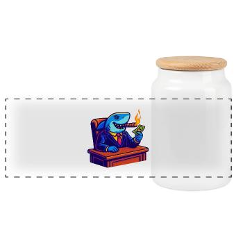 Office shark with money, flame and cigar - Panoramic Cookie Jar with Wooden Lid - white - Front