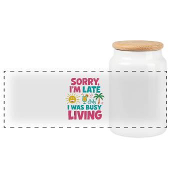 Sorry, I’m Late, I Was Busy Living – Lustiges Life - Panorama Keksdose mit Holzdeckel - Weiß - Vorne