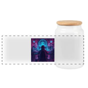 Cyber Gamer Neon Artwork - Panoramic Cookie Jar with Wooden Lid - white - Front