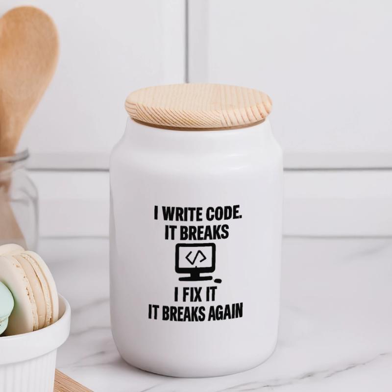 I Write Code – Funny Programmer T-Shirt Panorama Keksdose mit Holzdeckel