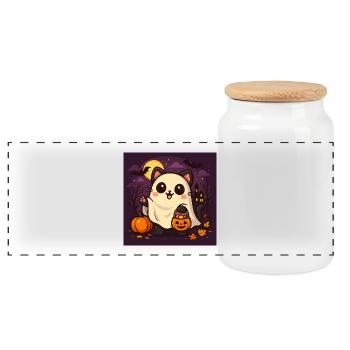 Câlin Halloween Chat fantôme - Boîte à biscuits avec couvercle en bois - blanc - Devant