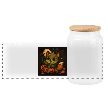 Little Halloween fox with pumpkins - Panoramic Cookie Jar with Wooden Lid - white - Front