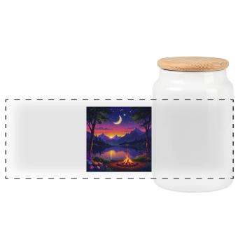 Moonlit Night at Mountain Lake Campfire - Panoramic Cookie Jar with Wooden Lid - white - Front
