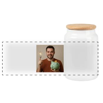 Spark of ideas and piggy bank - Panoramic Cookie Jar with Wooden Lid - white - Front
