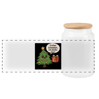 Fröhliches Schenken Weihnachtsbaum - Panorama Keksdose mit Holzdeckel - Weiß - Vorne