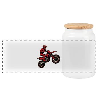 Red motocross with rider - Panoramic Cookie Jar with Wooden Lid - white - Front