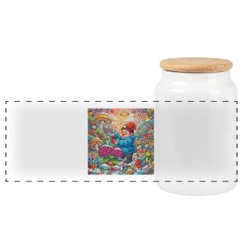 Garden gnome watering hydrangea in the snow - Panoramic Cookie Jar with Wooden Lid - white - Front