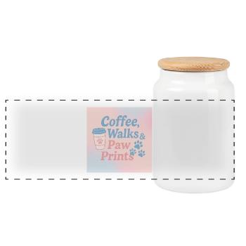 Kaffee, Spaziergänge & Pfotenprints - Panorama Keksdose mit Holzdeckel - Weiß - Vorne
