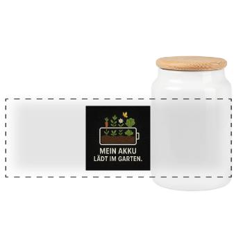 My battery charges in the garden - Panoramic Cookie Jar with Wooden Lid - white - Front