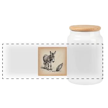 Donkey and Feather Sepia Sketch - Panoramic Cookie Jar with Wooden Lid - white - Front