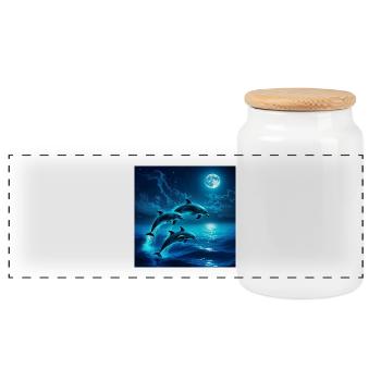 Moonlit Night Dolphin Jumps - Panoramic Cookie Jar with Wooden Lid - white - Front