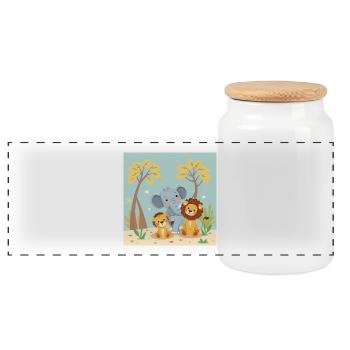 Trio Sweet Animal Lion Cub Elephant - Panoramic Cookie Jar with Wooden Lid - white - Front