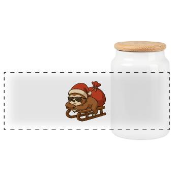 Cool Christmas sloth on sleigh - Panoramic Cookie Jar with Wooden Lid - white - Front