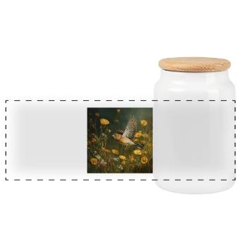 Chaffinch in a sea of flowers Flight through the summer day - Panoramic Cookie Jar with Wooden Lid - white - Front