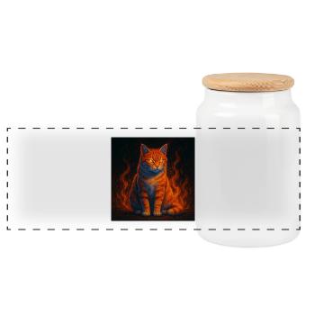 The flaming gaze of the firecat - Panoramic Cookie Jar with Wooden Lid - white - Front