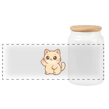Kawaii Kitten Waving Design - Panoramic Cookie Jar with Wooden Lid - white - Front