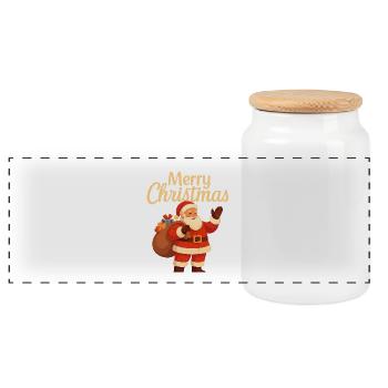 Cheerful Santa with his sack of presents - Panoramic Cookie Jar with Wooden Lid - white - Front