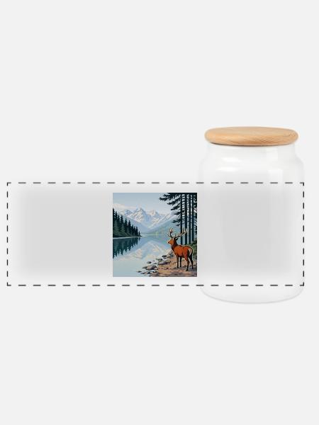 Hirsch am Bergsee - Panorama Keksdose mit Holzdeckel - Weiß