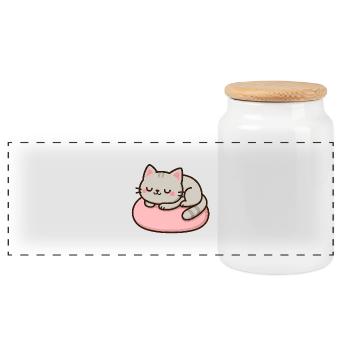Sweet Cat on Pink Cushion - Panoramic Cookie Jar with Wooden Lid - white - Front
